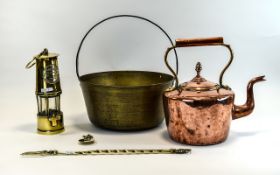 Collection of Copper and Brass Items Approx 6 items in total to include brass miners lamp, Jam pan,