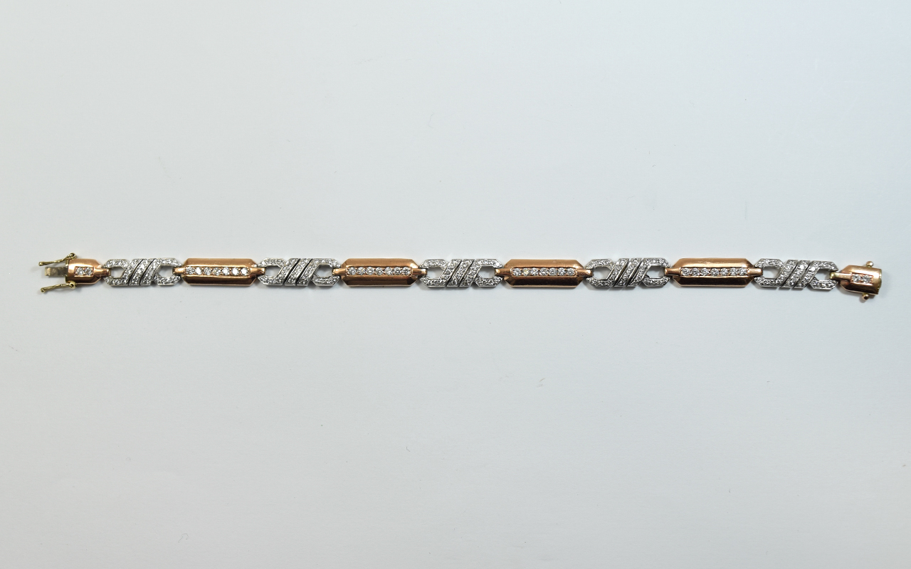 Ladies Two Tone 9ct Gold Diamond Bracelet, Alternating Copper & White Gold Links Set With Approx 4.