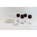 Set of Four Ruby Hock Glasses with clear stems,