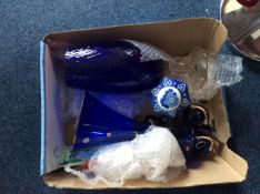Box of Assorted Glassware including Caithness two blue glass vases,