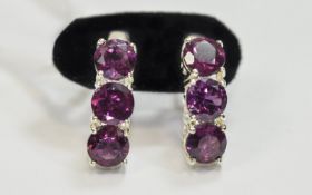 Rhodolite Garnet J-Hoop Earrings, three round cut, faceted,