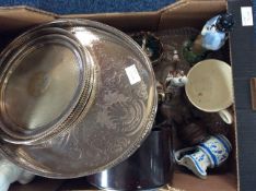 Box of Miscellaneous comprising ornaments, some Victorian, metal ware, silver plate,