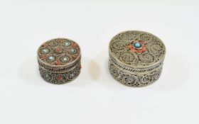 Antique - Middle Eastern Finely Worked Small Circular Silver Lidded Boxes ( 2 ) Set with Semi