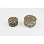 Antique - Middle Eastern Finely Worked Small Circular Silver Lidded Boxes ( 2 ) Set with Semi