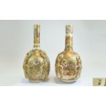 Pair of Japanese Satsuma Bottle Vases depicting figures, molded globular base,