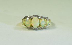 Natural Opal and and White Zircon Ring, five graduated, oval cut,