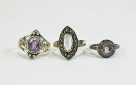 Marcasite and Mother-of-Pearl Ring, Balinese amethyst ring plus one other pale pink stone ring,
