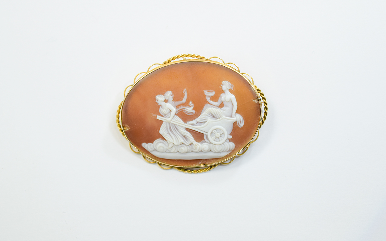 Antique 15ct Gold Oval Shaped Framed Cameo, Depicting a Classical Scene with Safety Chain.