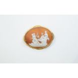 Antique 15ct Gold Oval Shaped Framed Cameo, Depicting a Classical Scene with Safety Chain.