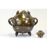 Chinese Impressive and Superb 17th / 18th Century Gold Splashed Lidded Bronze Censer,