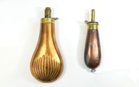 19th Century Copper and Brass Mounted Powder Flasks ( 2 ) In Total. Sizes 7 Inches In Length & 5.