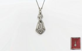 Ladies - Art Deco Period 18ct White Gold and Platinum Pendant Drop Necklace Set with Diamonds of