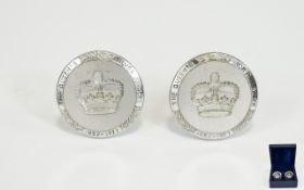 Boxed Pair of Silver Jubilee Cufflinks, round, with a crown to the centre of each,