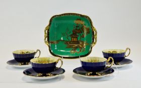 Aynsley Bone China Four Cups And Saucers, Cobalt Blue And Gilt, The Interior With Transfer Printed