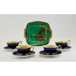 Aynsley Bone China Four Cups And Saucers, Cobalt Blue And Gilt, The Interior With Transfer Printed