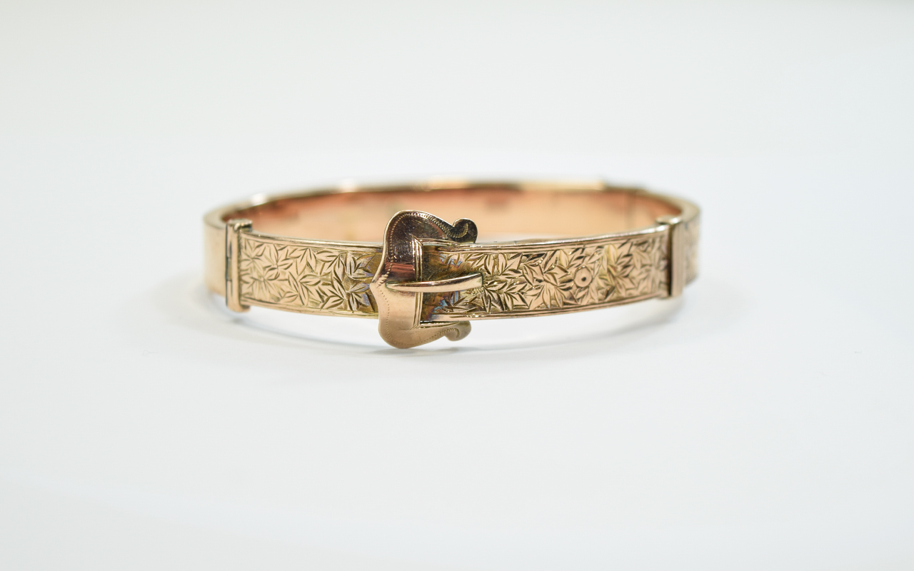 Edwardian 9ct Rose Gold Hinged Buckle Bangle with Attached Safety Chain. Hallmark Chester 1910. 12.