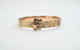 Edwardian 9ct Rose Gold Hinged Buckle Bangle with Attached Safety Chain. Hallmark Chester 1910. 12.