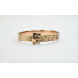 Edwardian 9ct Rose Gold Hinged Buckle Bangle with Attached Safety Chain. Hallmark Chester 1910. 12.