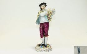 Volkstedt - Fine Hand Painted Porcelain Figurine ' Male Musician ' In Pristine Condition. c.1880,