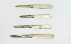 Edwardian Collection of ( 4 ) Mother of Pearl Handle Silver Bladed Fruit Knives.