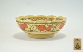 Crown Ducal Charlotte Rhead Designed Footed Bowl with Turret Shaped Border, Pattern No 5802, Fruit