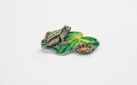 Antique - Nice Quality Silver and Enamel Brooch In The Form of a Frog Figure Set with Marcasite's