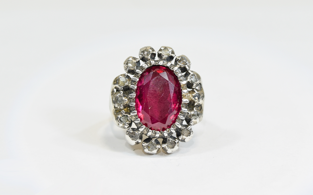 Antique - Unusual Silver and Gold Oval Shaped Ruby Coloured Stone Set Dress Ring.