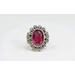 Antique - Unusual Silver and Gold Oval Shaped Ruby Coloured Stone Set Dress Ring.