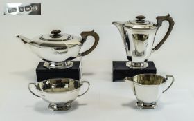 George VI 4 Piece Silver Tea Service, Art Deco lines. Hallmark Sheffield 1943, Makers F.C.
