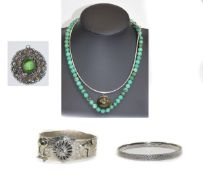 Assorted Silver Items including wide bangle, pendant, heavy bangle, necklace, turquoise beads,