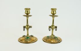 Arts and Crafts Period Impressive - Ring Handled Pair of Copper and Brass Candlesticks - Pave Set