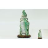 Chinese Qing Dynasty Carved Jade Vase And Cover Twin Ring Handles.