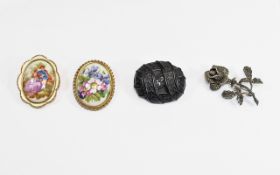 Collection of Vintage Brooches ( 4 ) In Total. Comprises 1/ Oval Shaped Black Jet Brooch. 1.