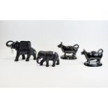 Jackfield Pottery Two Victorian Black and Gilt Cow Creamers Both With Lids + two Black Matt