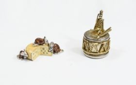 Modern Silver Enamelled Novelty Miniature Depicting A Block Of Cheese And Three Mice Together With