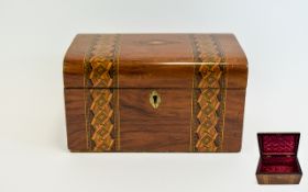 Marquetry Banded Sewing Box, lined with pleated and padded magenta silk satin; 11 inches wide x 6