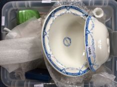 Box of Miscellaneous comprising transfer printed mugs, cabinet plates, blue and white, odd textile,