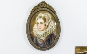 A 19th Century - Signed Miniature Portrait on Ivory of Marie Stuart ( Mary Queen of Scots ) Set