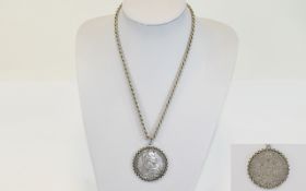 Maria Theresia - Austrian Silver Crown Mounted Pendant with Attached Silver Rope Chain, Marked 925.