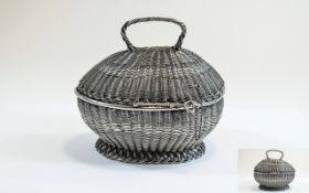 Antique - Handmade and Impressive Portuguese Silver Wired Weave Lidded Trinket Basket with Handle.