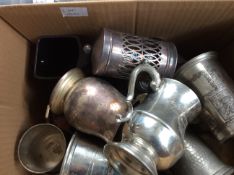 Box of Assorted Silver Plate and Whisky Decanters.