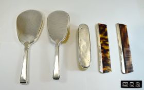 Art Deco - Silver 4 Piece Ladies Vanity Set, Comprises Hand Mirror, Hand Brush,