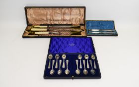Three Cased Flatware Sets comprising pair of fish knives with mother of pearl handles,