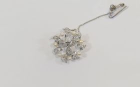 18ct White Gold Set Diamond and Pearl Brooch with Attached Safety Chain.