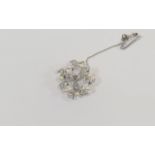 18ct White Gold Set Diamond and Pearl Brooch with Attached Safety Chain.