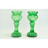 Victorian Impressive Pair of Shaped Emerald Green and Clear Cut Glass Lustre Vases, Star Bases. c.