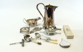 Collection Of Silver Plated Items Comprising Water Jug, Sauce Boat, Grape Shears,