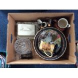 Box of Assorted Pottery including Minton cheese dish, Coal miner character jug, cabinet plate,