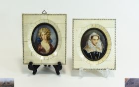 A Pair of Early Signed 20th Century Miniature Painted Portraits In Ornate Ivorine,