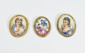 Limoges - Ceramic / Porcelain Painted Oval Brooches, Set within a Gold Coloured Framed ( 2 ) 2.
